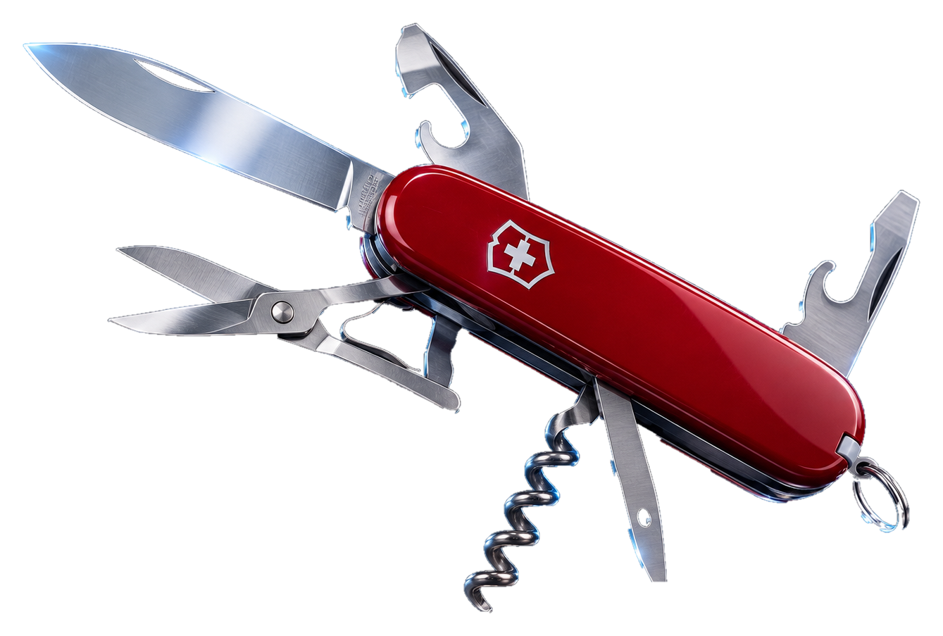 Classic red Swiss Army knife with its practical tools unfolded, representing the many roles of BeStream IP Multicoder